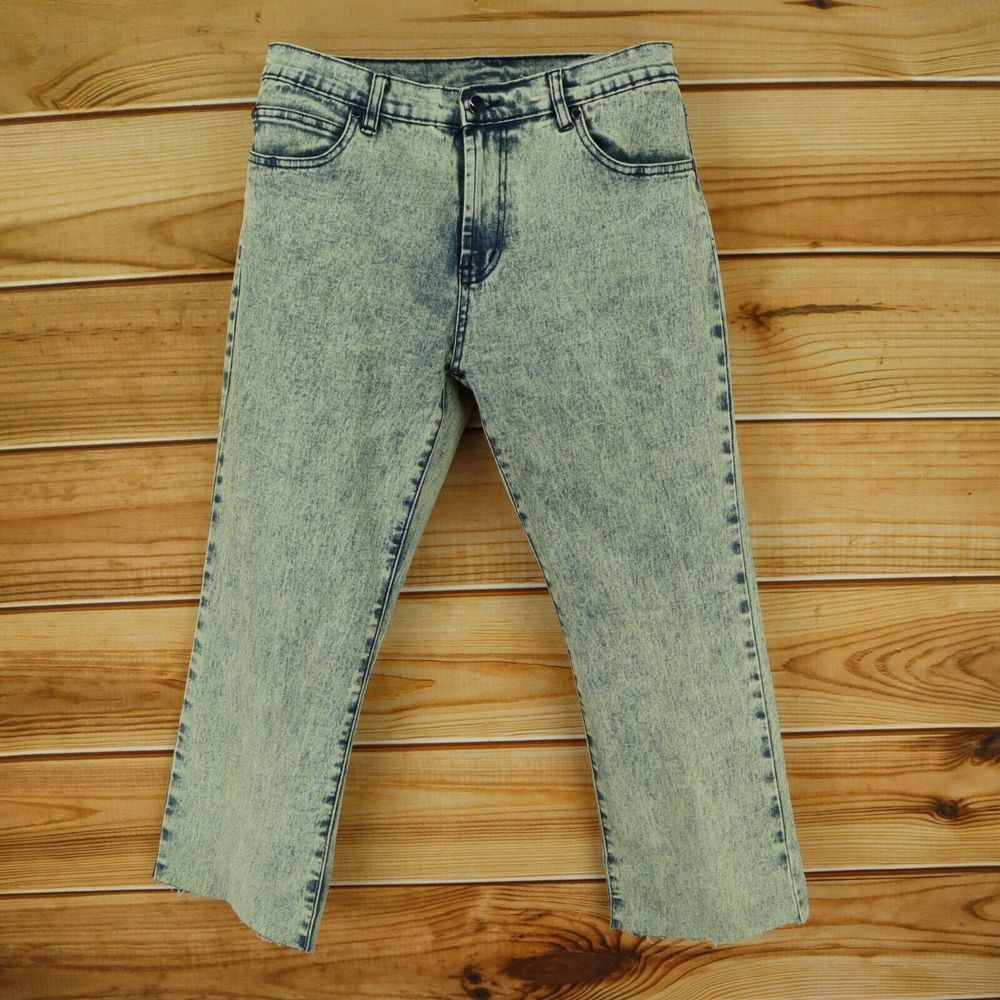Diane Gilman Straight Leg Jeans Womens Sz 12 Blue Green Cut Off Pockets Stretch